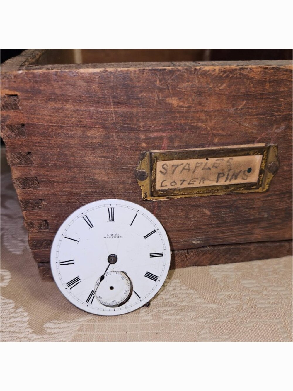 Vintage Waltham Pocket Watch Dial Face With Porcelain & Brass Movement Gears